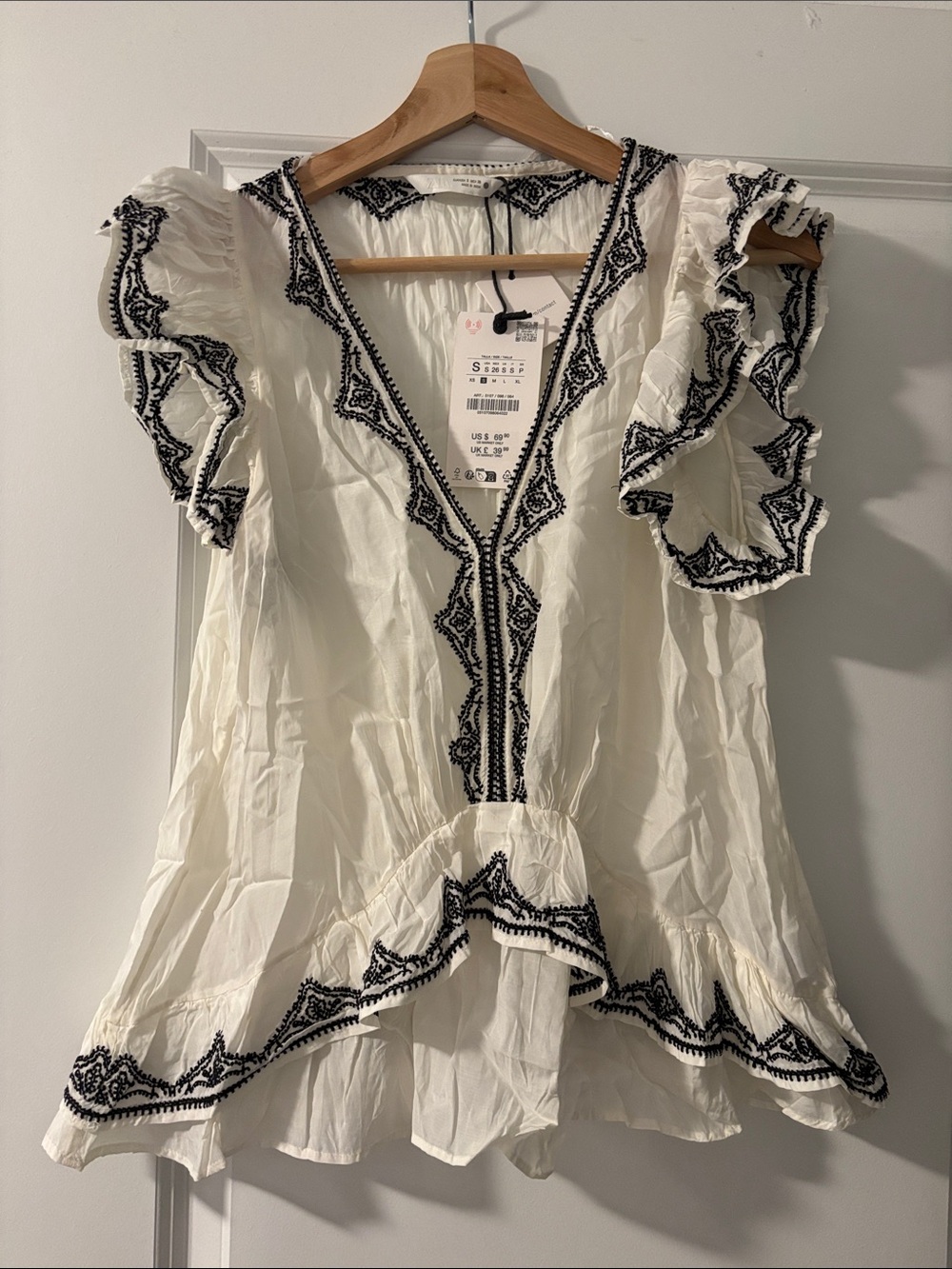 Zara White Blouse with Black Embroidered Trim and Ruffle Sleeves
